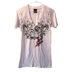METAL MULISHA Skull & Roses V-Neck T-Shirt Womens Medium